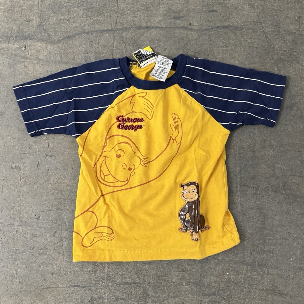 Vintage Kids 2000s Yellow Curious George T-Shirt With Navy Blue Striped Sleeves
